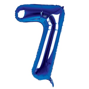 A blue balloon shaped as the number 7.