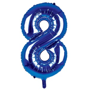 A blue balloon in the shape of the number eight.