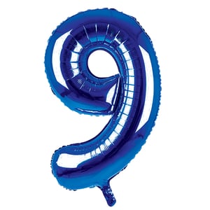 A blue balloon in the shape of the number 9.