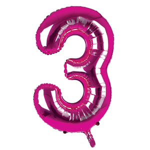 A pink balloon in the shape of the number three.