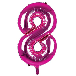 A pink balloon in the shape of the number eight.