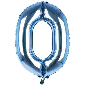 A blue balloon in the shape of the number 0.