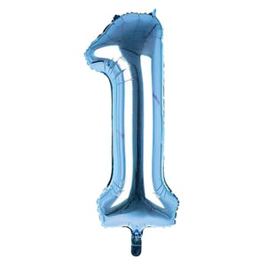 A blue balloon in the shape of the number 1.