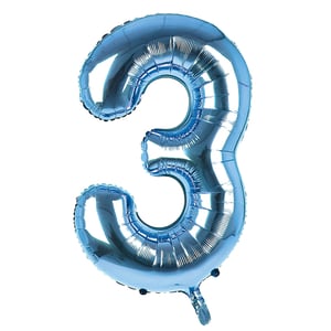 A blue balloon in the shape of the number three.