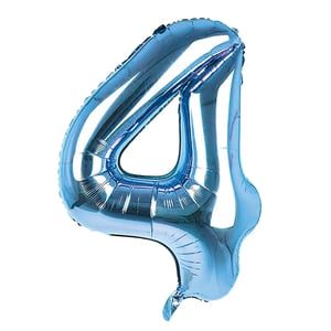 A blue balloon is in the shape of the number four.