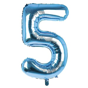 A blue balloon in the shape of the number 5.