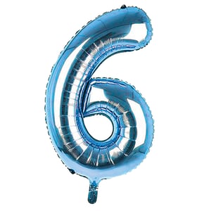 A blue balloon in the shape of the number 6.