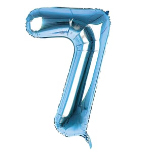 A blue balloon in the shape of the number 7.