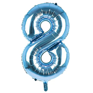A blue balloon in the shape of the number eight.