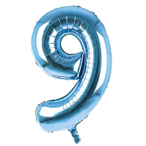 A blue balloon is in the shape of the number 9.