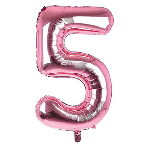 A pink balloon in the shape of number 5.