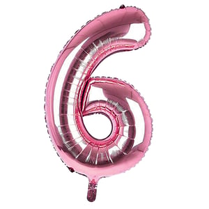A pink balloon in the shape of the number 6.