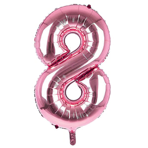 A pink balloon in the shape of the number 8.