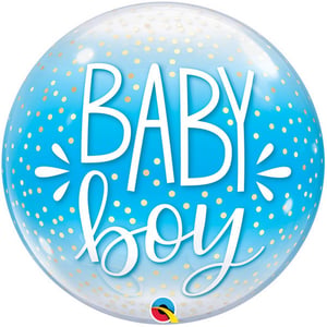 A blue balloon that says "baby boy" on it.