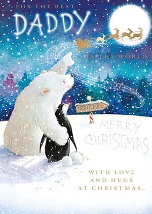 A polar bear is hugging a penguin on a Christmas card.