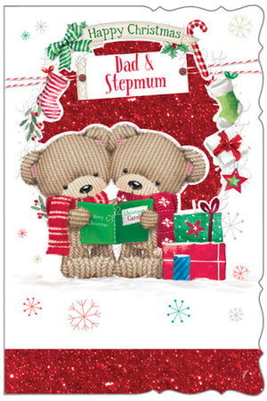 A Christmas card that says "Happy Christmas, Dad and Stepmum."