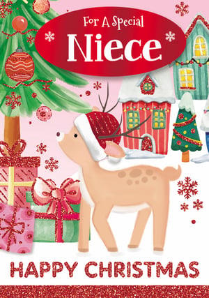 A Christmas card for a special niece with a deer wearing a Santa hat.