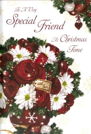A Christmas card that says "to a very special friend at Christmas time."