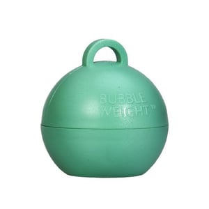 A green bubble weight with a handle on a white background.