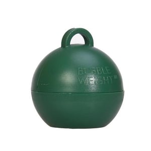 A green bubble weight with a handle on a white background.