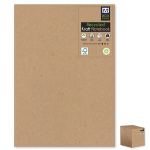 A recycled Kraft notebook sits next to a box.