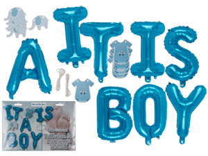 A set of blue balloons that say "it's a boy."