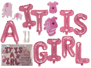 A set of pink balloons that say "it is a girl."