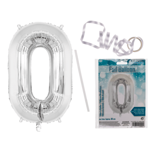 A silver foil balloon in the shape number 0.