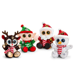 A reindeer, an elf, and a snowman are sitting next to each other.