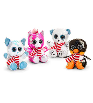 Four stuffed animals wearing scarves sit next to each other.