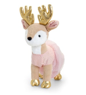 A stuffed deer wearing a pink dress and gold antlers.