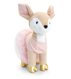 a stuffed deer wearing a pink and white dress