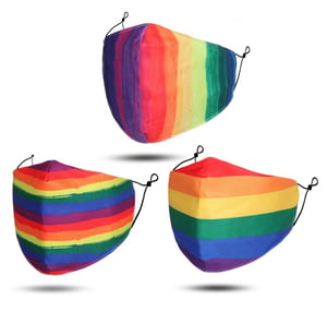 Three face masks with rainbow stripes on themselves.