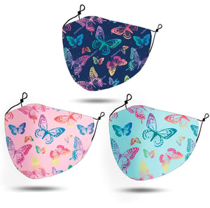 Three face masks with colorful butterflies are on them.