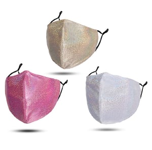 Three face masks of different colors with black straps are shown on a white background.