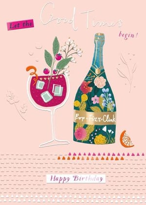 A birthday card with a bottle of champagne and a glass of wine.