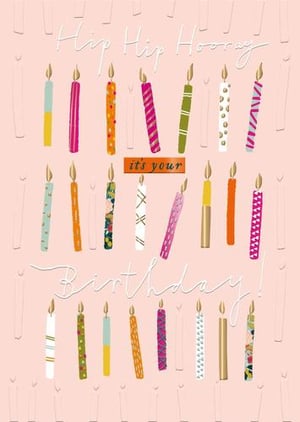 A birthday card with a bunch of colorful candles on a pink background is.