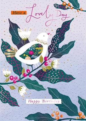 A birthday card with a bird sitting on a branch.