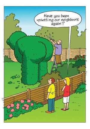 A cartoon depicts a man trimming a bush into the shape of an elephant.