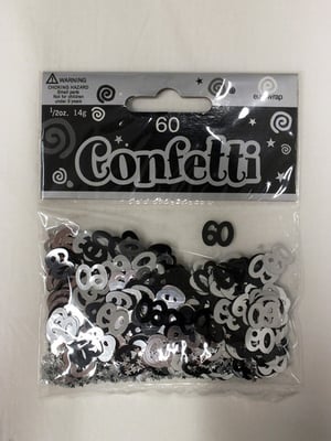 A bag of confetti with the number 60 on it.