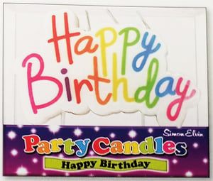 A package of party candles that say "Happy Birthday."
