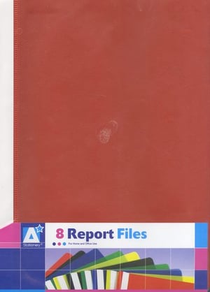 A red report file sits on top of a white table.