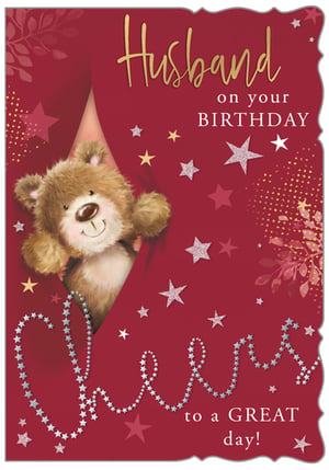 A birthday card for a husband featuring a teddy bear on it.
