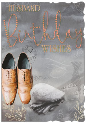 A birthday card for a husband with a pair of shoes.