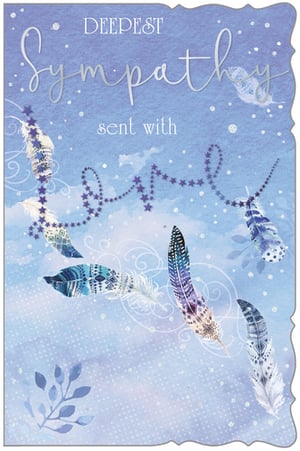 A sympathy card with feathers and the words "deepest sympathy sent with love."