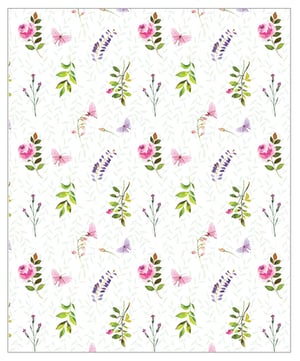 A white background with flowers and butterflies on it.