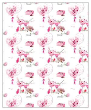 A seamless pattern of pink balloons and hearts is on a white background.