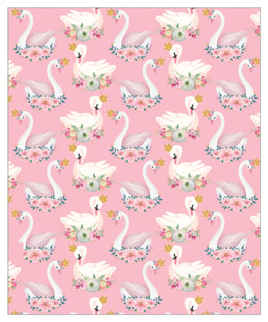 A pink background with swans and flowers is on it.