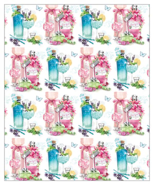 A repeating pattern of perfume bottles and drinks with the word "gin" on them.
