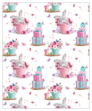 A bunny is sitting in a pink pot with flowers and gifts. (No changes needed)